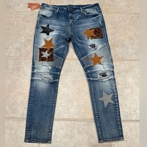 Crysp Denim Skywalker Jeans NWT Distressed Patchwork Star Moto Skinny